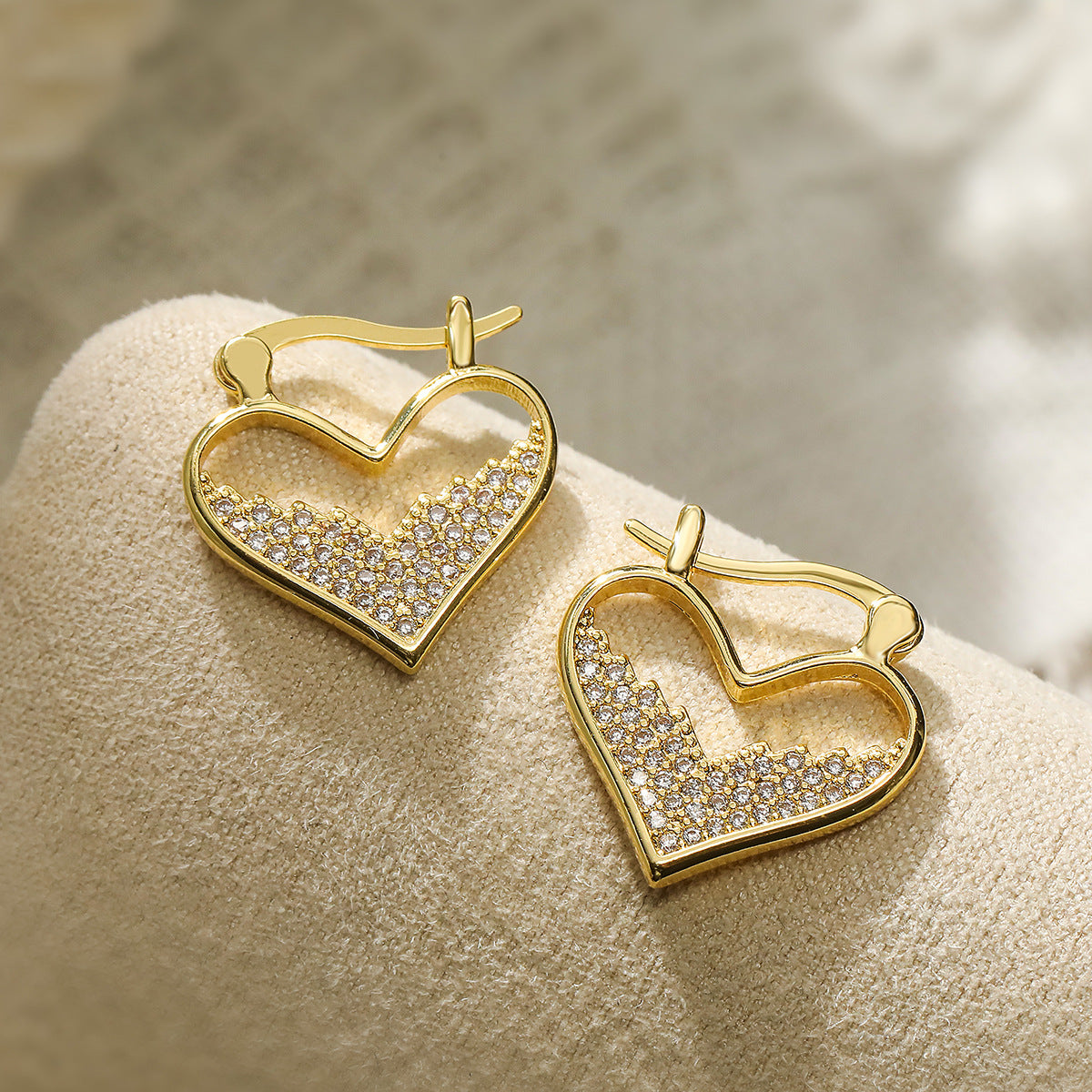 Minimalist Heart-Shaped Copper Earrings with Gold Plating and Micro-Pavé Zirconia for Women