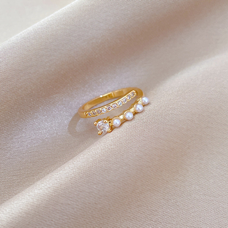 Anello regolabile in ottone con perle e zirconi, design a corona, per donna, gioiello a fascia in stile giapponese minimalista