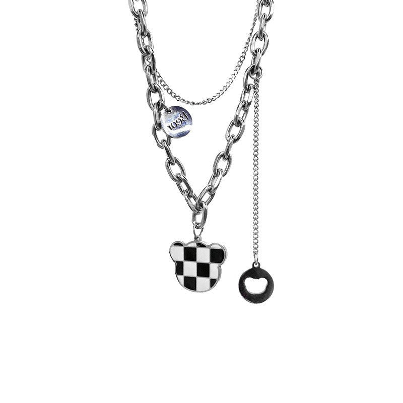 Collana minimalista a doppio strato in acciaio al titanio a quadri con orsetto per uomo e donna con finitura placcata