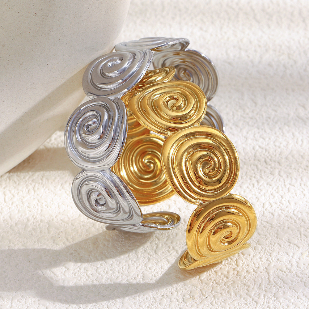 Minimalist Geometric Stainless Steel Plated 18K Gold Spiral Cuff Bracelet for Women
