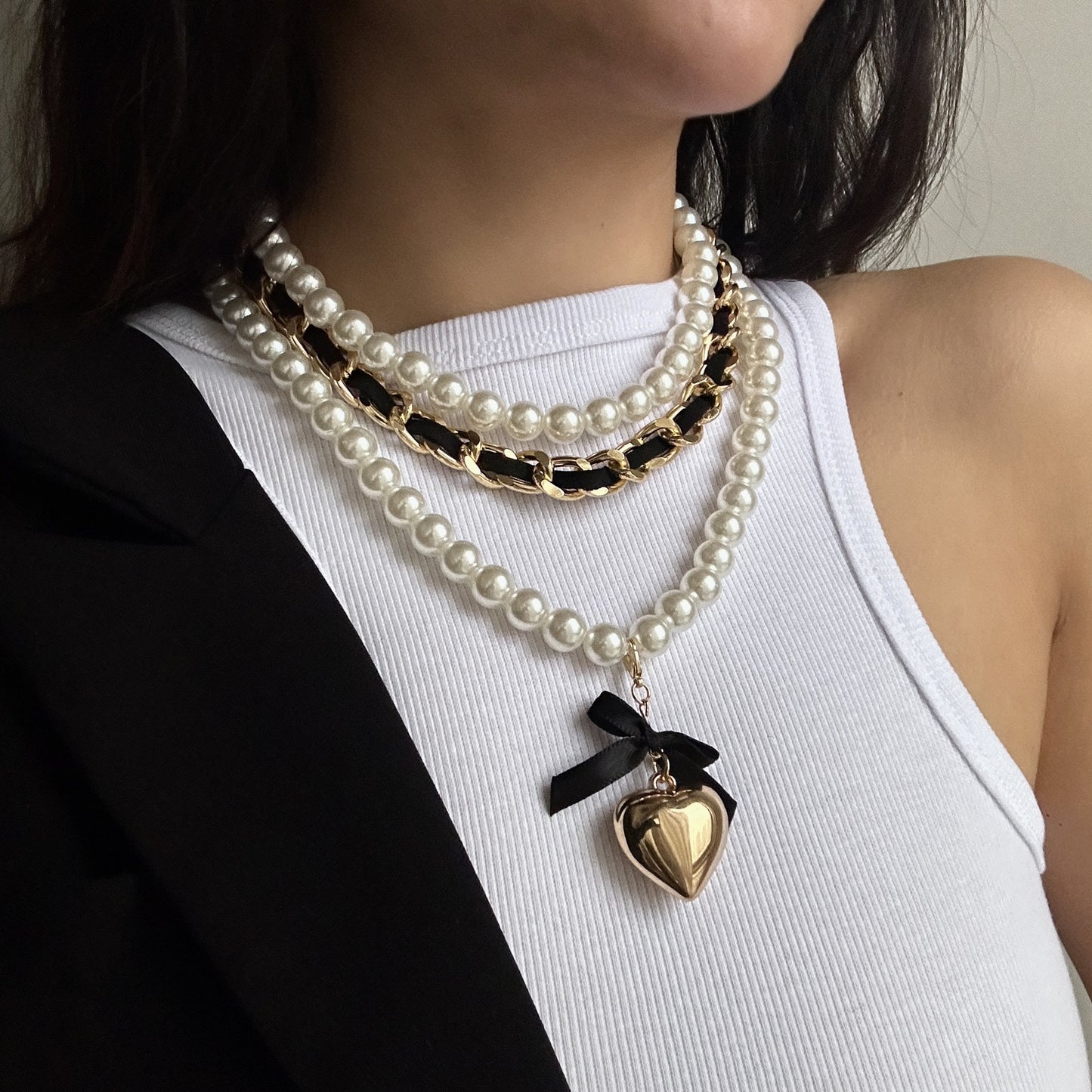 Fashion Heart Alloy Pendant Pearl Fabric Beaded Necklace Set for Women