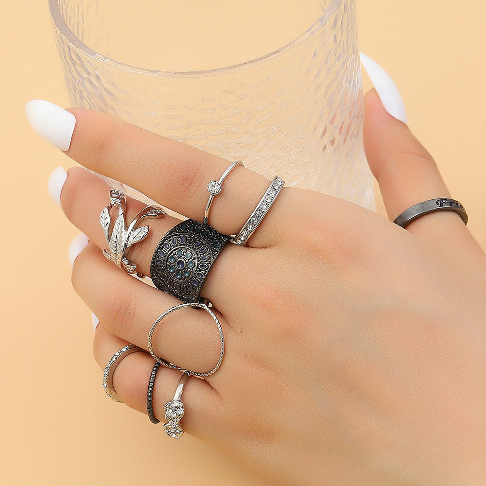 Vintage Bohemian Geometric Butterfly Round Rhinestone Plated Alloy Joint Ring Set