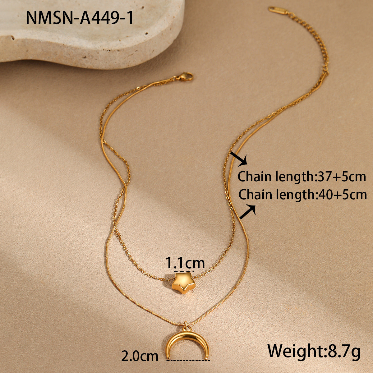 Collana in Acciaio Inossidabile con Ciondolo Stella e Luna Minimalista con Finitura Placcata per Donna