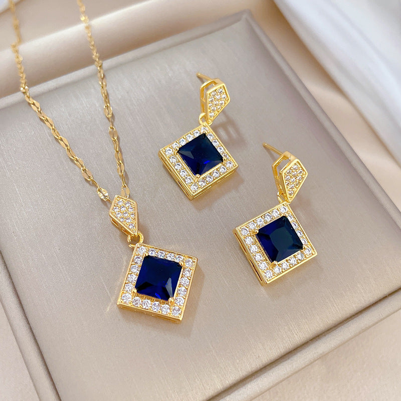 Luxury Titanium Steel Geometric Blue Rhombus Necklace and Earrings Set for Women Formal Events