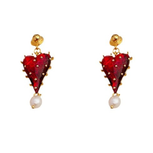 Elegant Geometric Dangle Stud Earrings for Women with Red Tassels, Alloy Base and Gold Plated Finish