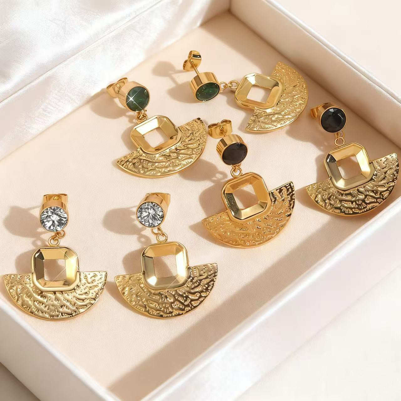 Vintage Geometric Fan-Shaped Textured Plated Stainless Steel Earrings for Women