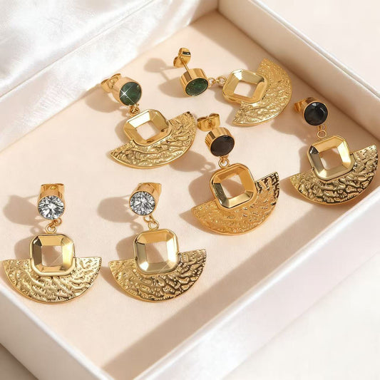 Vintage Geometric Fan-Shaped Textured Plated Stainless Steel Earrings for Women