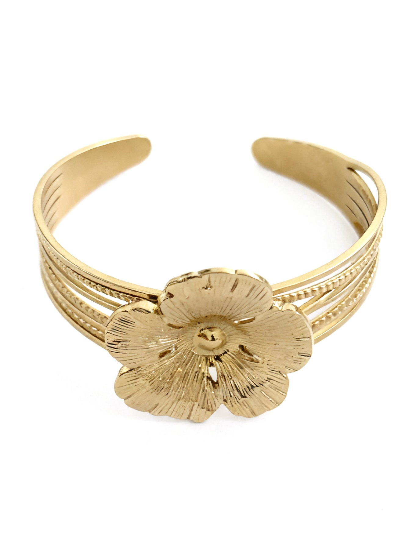 Bracciale rigido aperto vintage in acciaio inossidabile placcato con motivo floreale rotondo