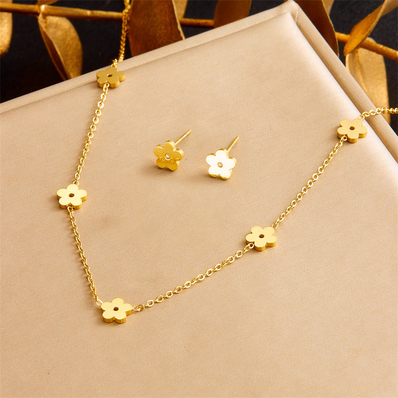 Juego de collar, aretes y pulsera de acero inoxidable estilo coreano minimalista con diseño de flores, chapado en oro para mujer