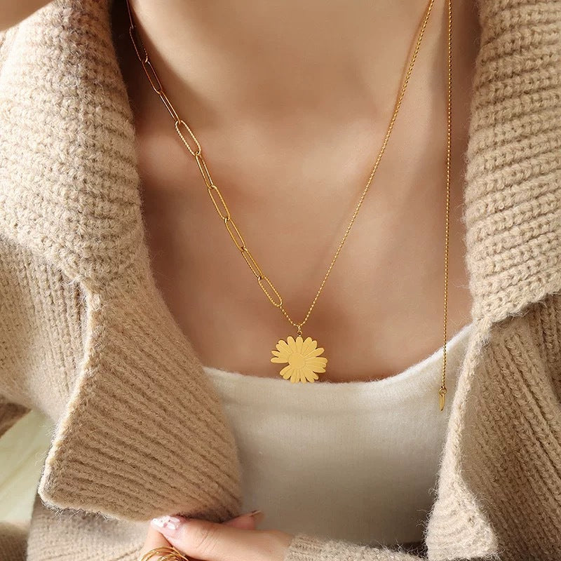 Fashion Minimalist Titanium Steel Plated Floral Daisy Sunflower Long Sweater Chain Necklace for Unisex