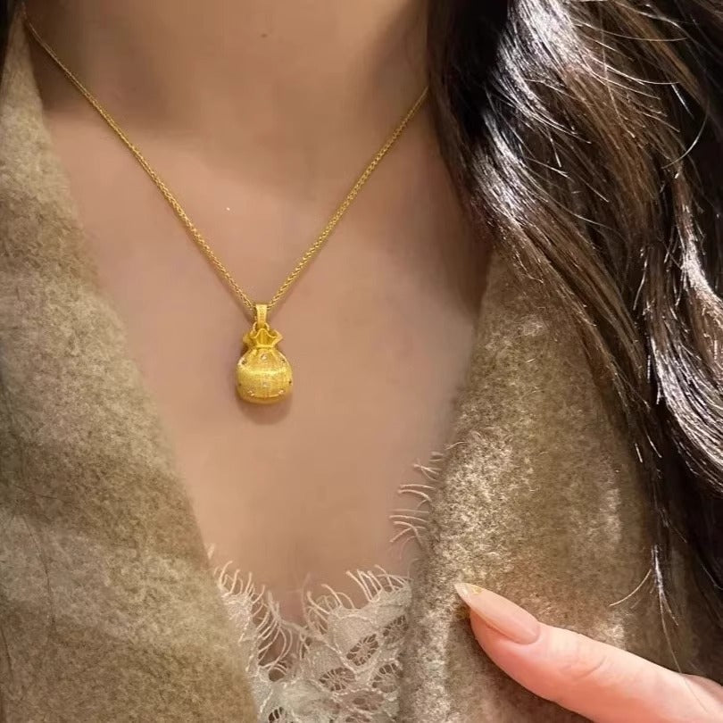 Vintage Gold Plated Brushed Brass Fortune Bag Necklace Unisex