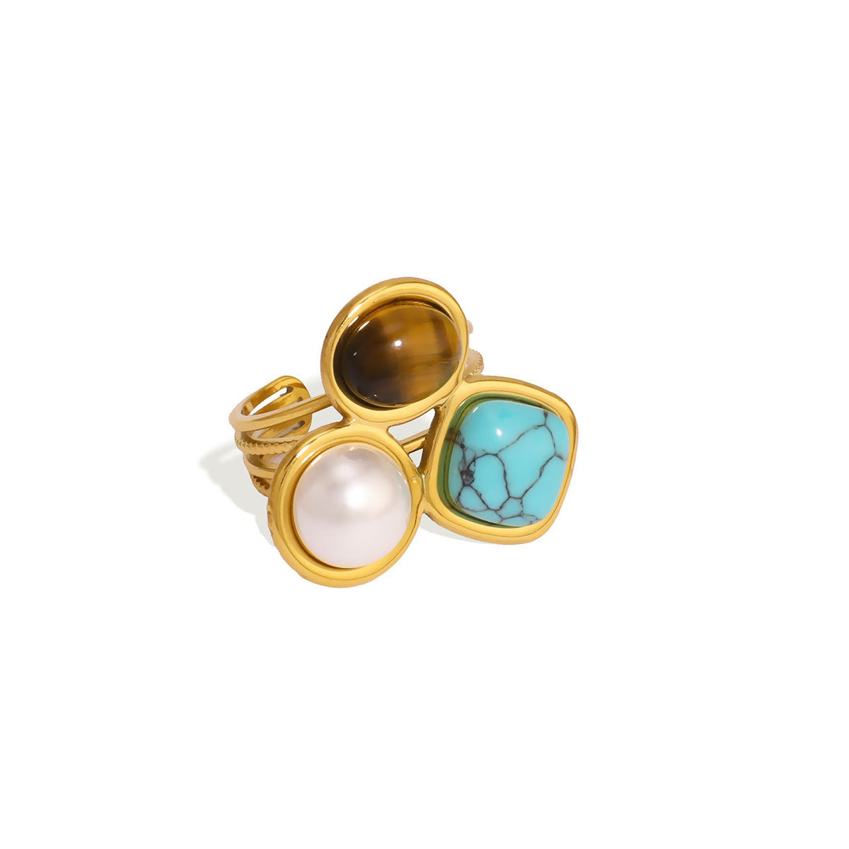 Anello geometrico in acciaio inossidabile con turchese naturale e pietre occhio di tigre, gioiello da mano unisex in stile vintage galvanizzato