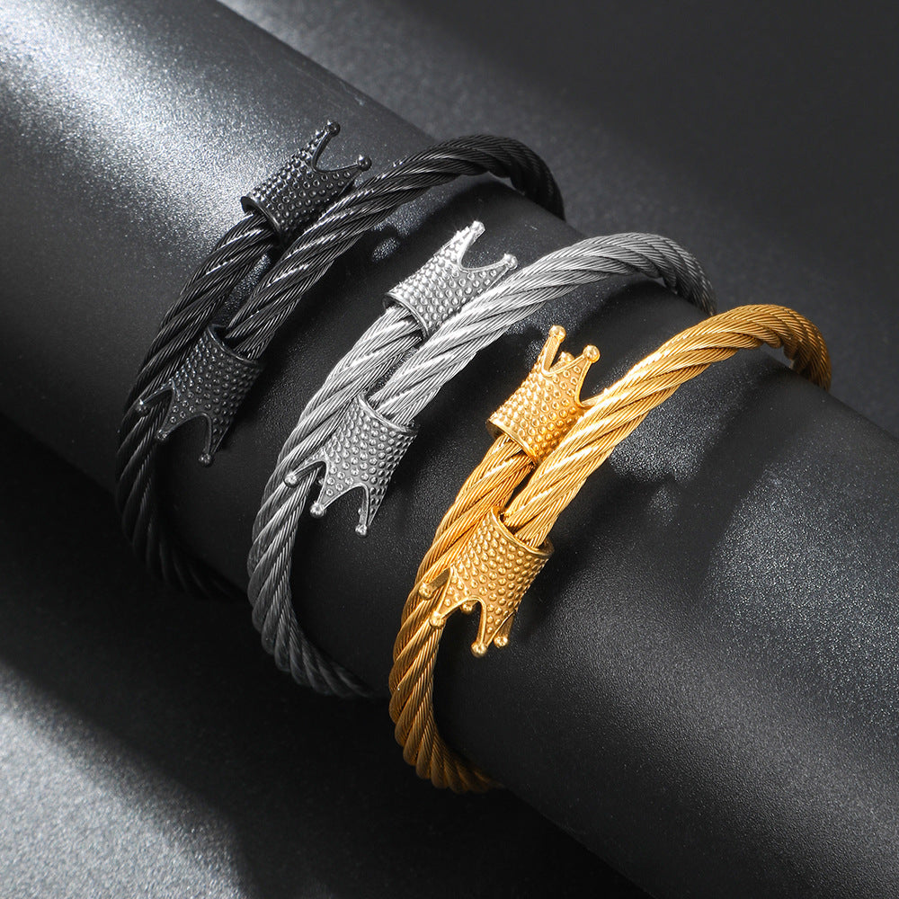 Punk Titanium Steel Crown Plated Cable Chain Bracelet for Men and Women
