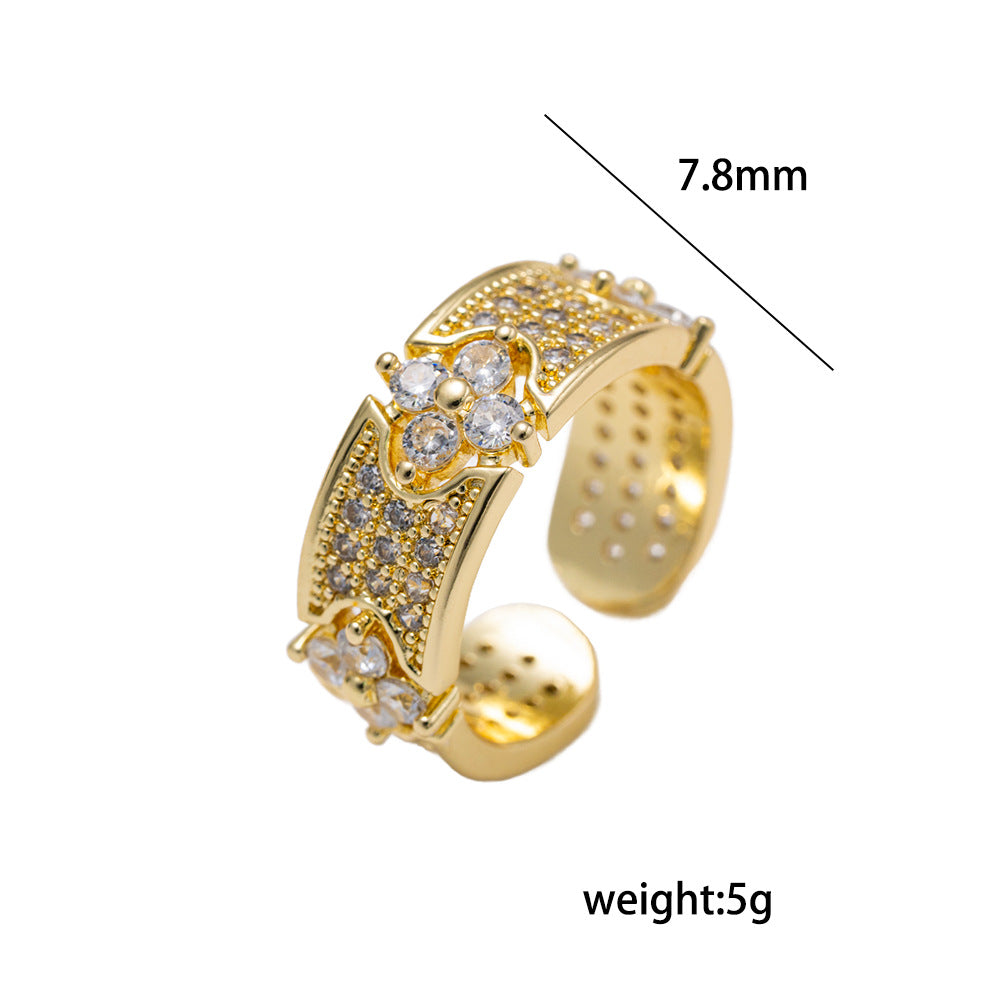 Anillo ajustable abierto de trébol de cuatro hojas con circonitas microengastadas, chapado en oro de 18 quilates, estilo minimalista francés para mujer