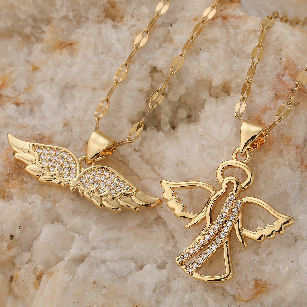 Minimalist 18K Gold Plated Brass Geometric Cubic Zirconia Inlay Angel Wing Pendant Necklace for Women