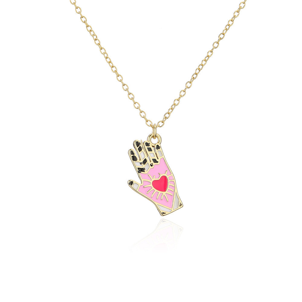 Minimalist Hand-Shaped Pendant Necklace in Copper with 18K Gold Plating and Enamel Detail