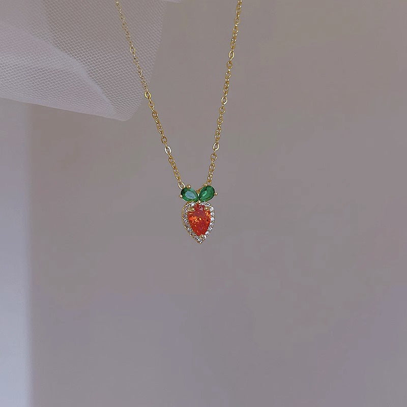Cute Carrot Pendant Necklace for Women in Titanium Steel with Rhinestone Inlay, Plated Finish, Minimalist Animal Shape Locket Chain
