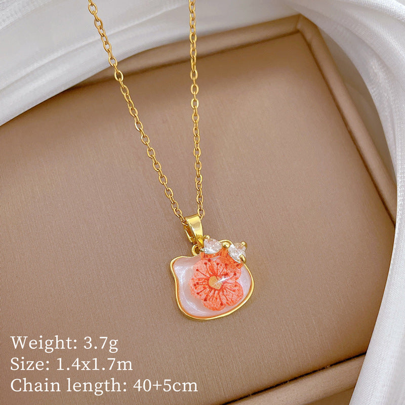 Sweet Geometric Butterfly Floral Resin and Brass Rhinestone Pendant Necklace with Titanium Steel Cable Chain
