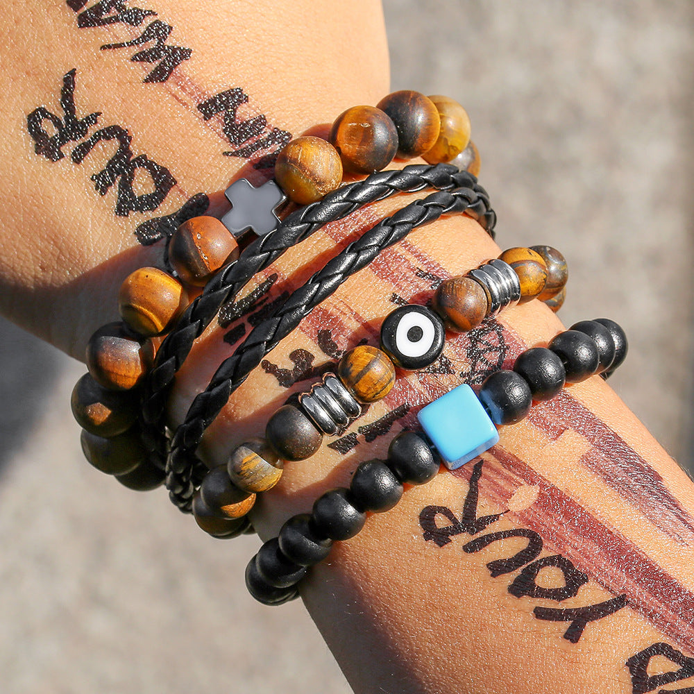 Vintage Geometric Tiger's Eye and Hematite Leather Bracelet Set with Cross Charm for Men and Women