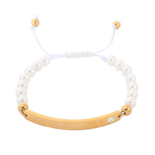 Elegant 18K Gold Plated Titanium Steel Stainless Steel Rhinestone Pearl DIY Charm Bar Bracelet for Women