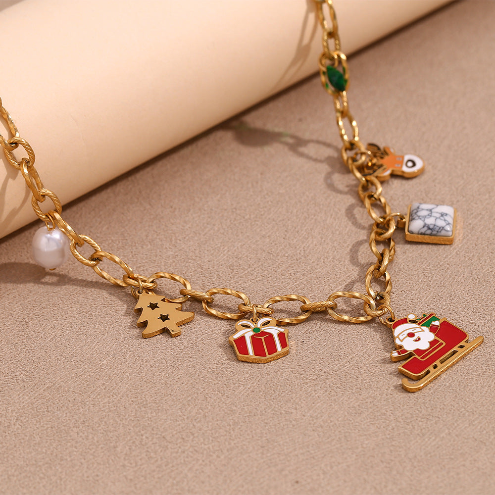 Bonito Collar con Colgante de Personaje de Dibujos Animados en Acero Inoxidable con Baño de Oro de 18K, Cadena Hecha a Mano, Diseño Temático Navideño para Mujeres