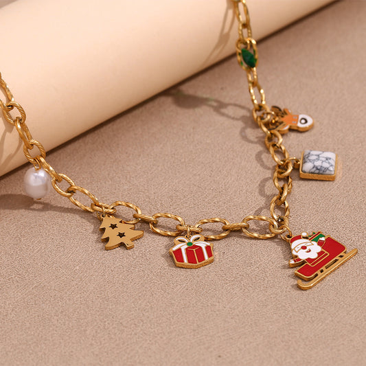 Bonito Collar con Colgante de Personaje de Dibujos Animados en Acero Inoxidable con Baño de Oro de 18K, Cadena Hecha a Mano, Diseño Temático Navideño para Mujeres