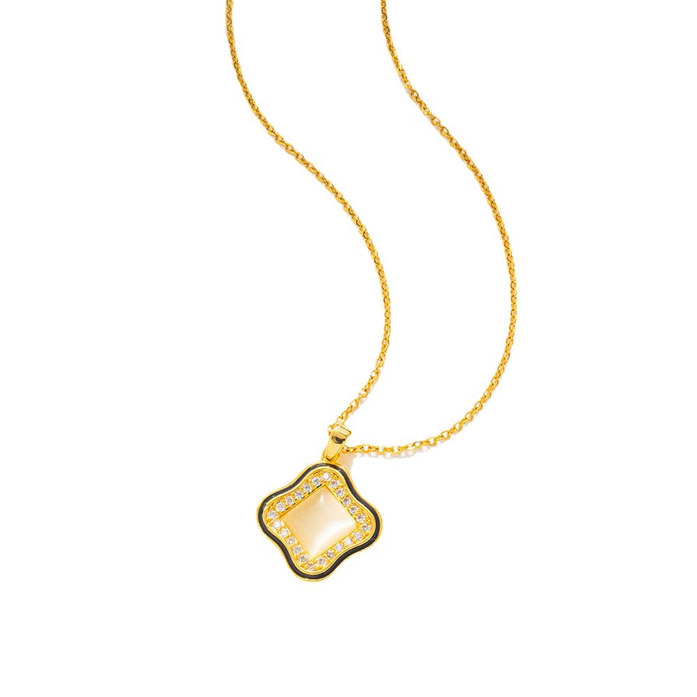 Minimalist Clover-Shaped Titanium Steel Necklace with Micro-Pavé Zirconia and Cat's Eye Stone Pendant on O-Chain for Women