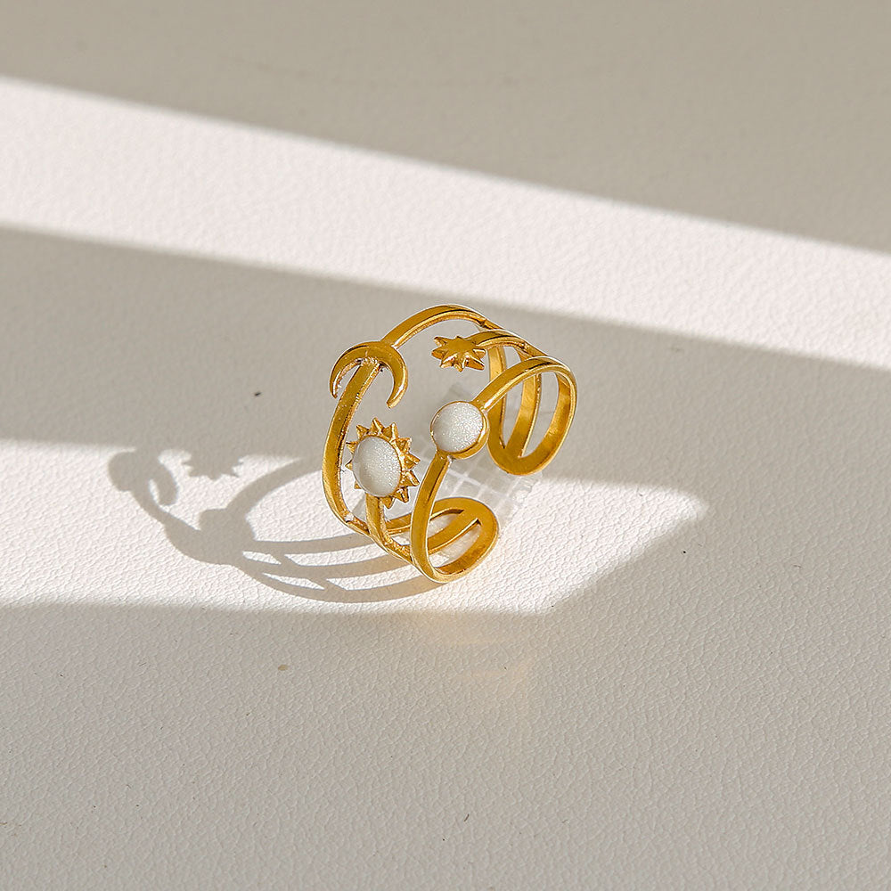 Anello di tendenza da donna in acciaio inossidabile geometrico placcato oro con perle e fiori stile Instagram