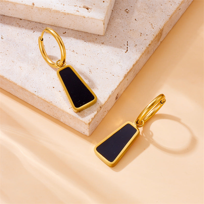 Minimalist Retro Geometric Black Titanium Steel Gold-Plated Pendant Earrings with Trapezoidal and Circular Shapes