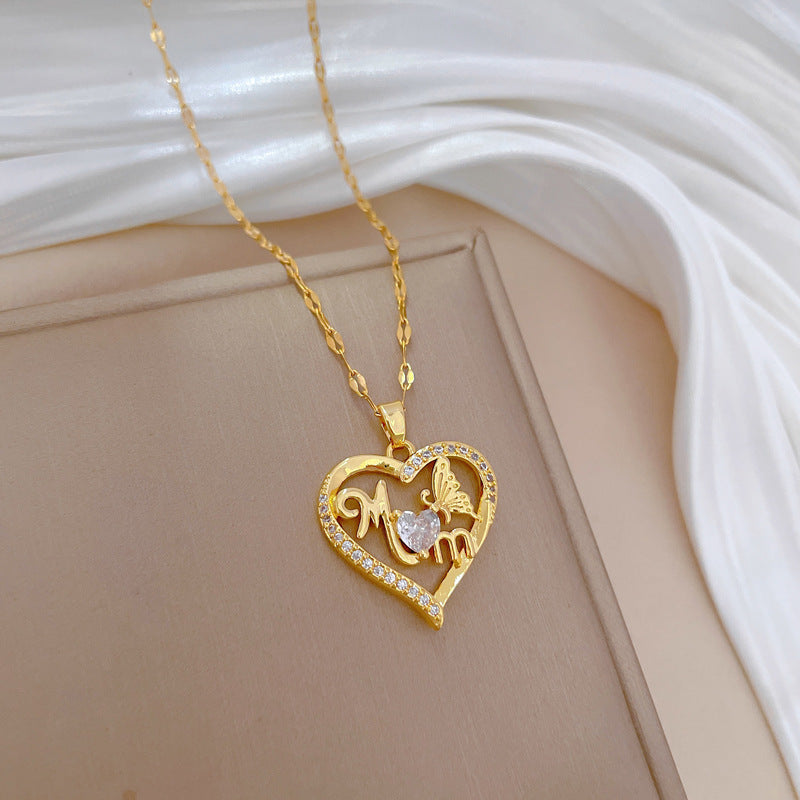 Collana in acciaio inossidabile a forma di farfalla e cuore con intarsio di strass per donna e uomo, ciondolo geometrico minimalista su catena in acciaio al titanio
