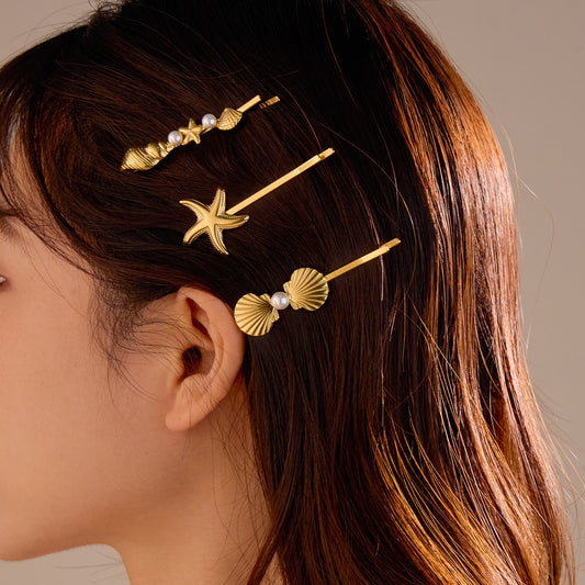 Fashionable Minimalist Shell-Shaped Stainless Steel Hair Clip with Pearl Inlay for Women