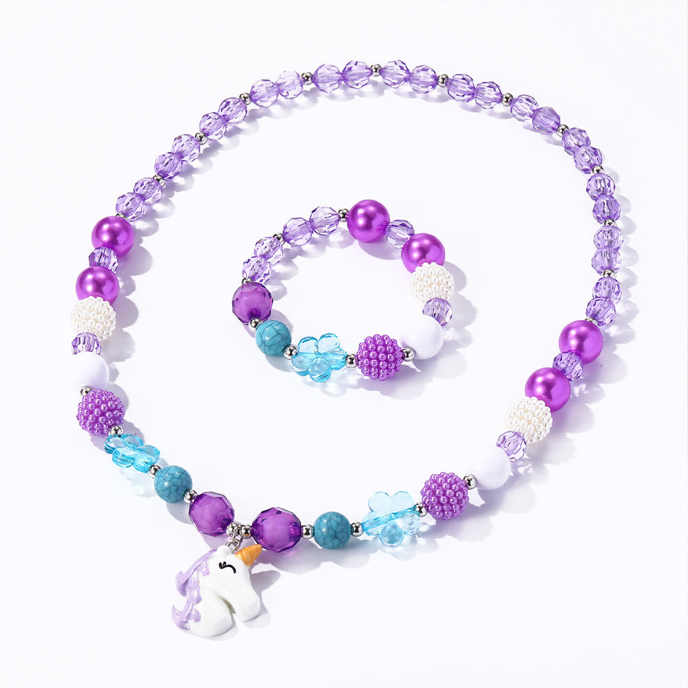 Set di collane colorate per bambini alla dopamina con braccialetto di perline rosa, ciondolo unicorno arcobaleno e gioielli per bambini a forma di animale in acrilico