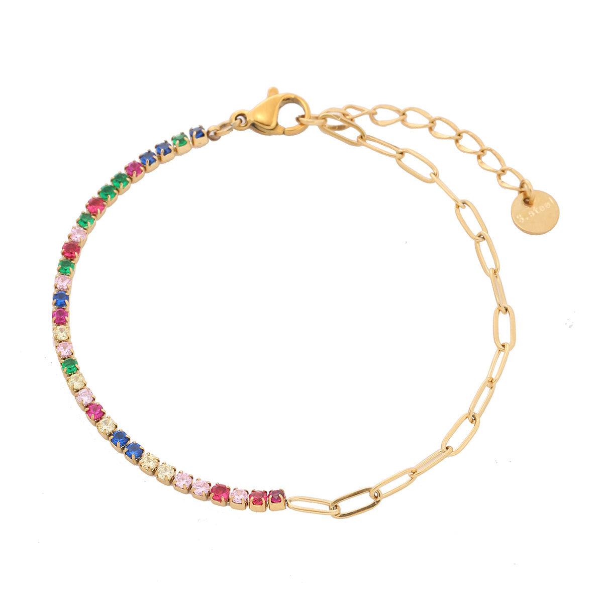Pulsera geométrica de arcoíris de moda con diamantes de imitación para mujer, de acero de titanio con acabado chapado y delicado diseño de cristales de hilera completa