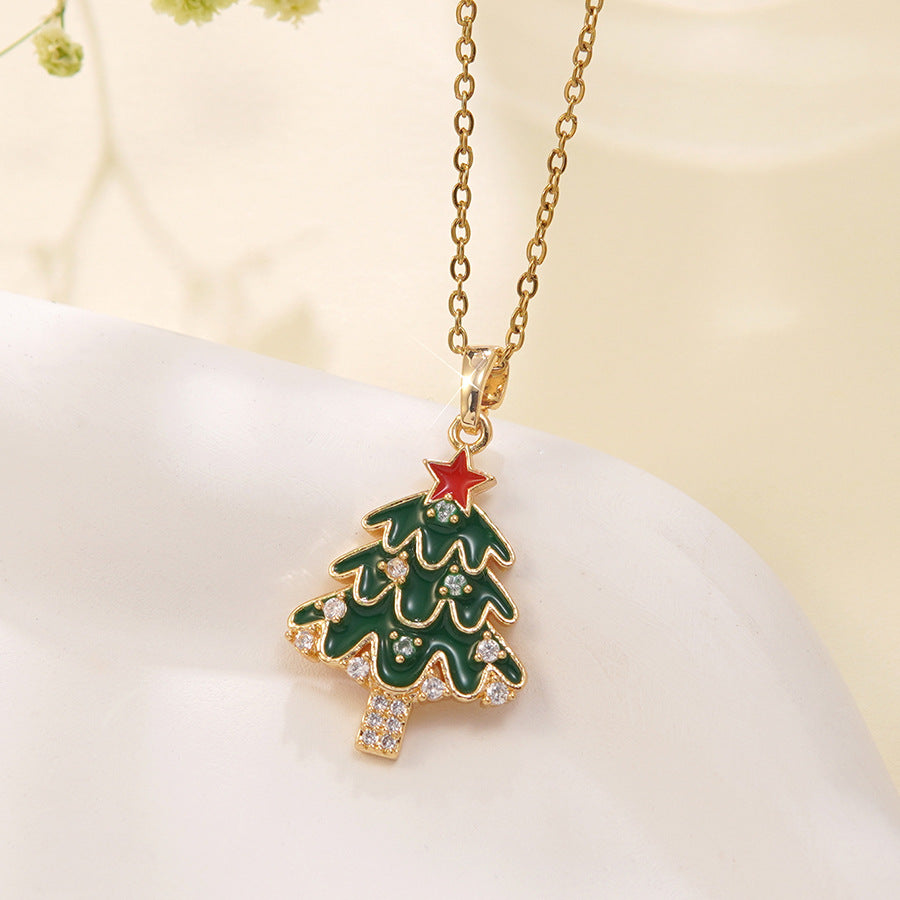 Luxury Stainless Steel Christmas Tree Snowman Bow Necklace with Glass Inlay Brass Pendant for Women