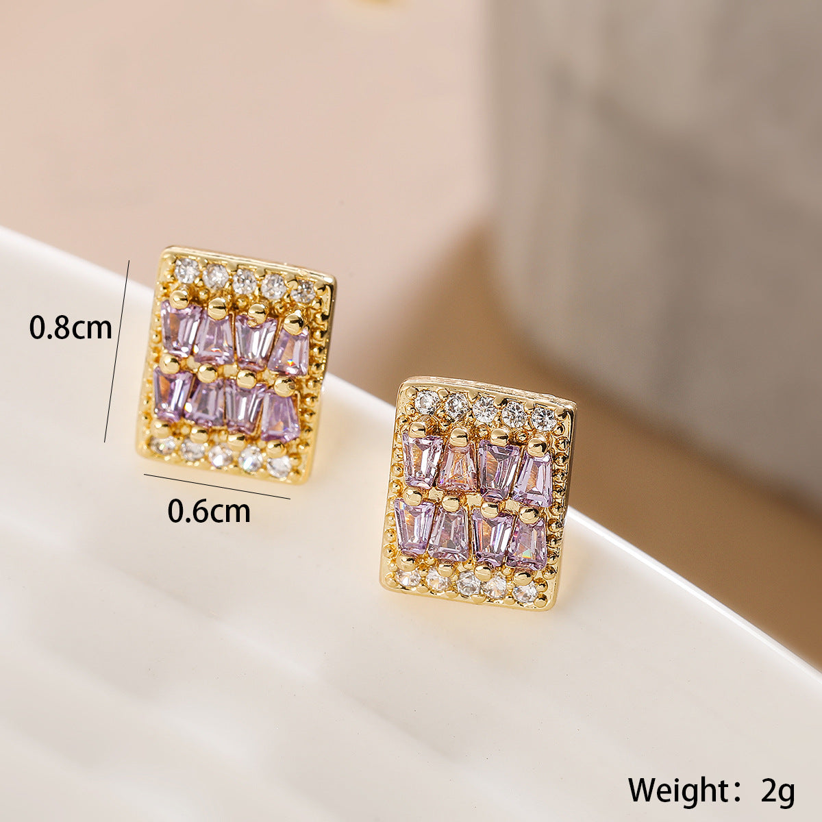 Minimalist Square Pendant Necklace and Earrings Set in Copper with 18K Gold Plating and Zircon Inlay