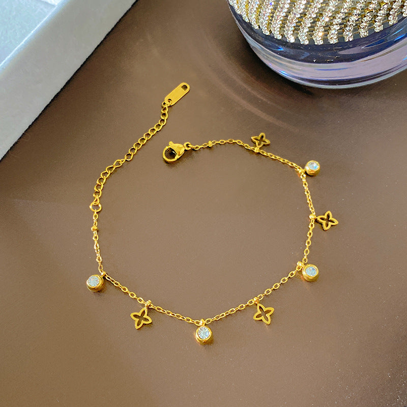 Geometric Butterfly Rhinestone Tassel Plated Titanium Steel Bracelet