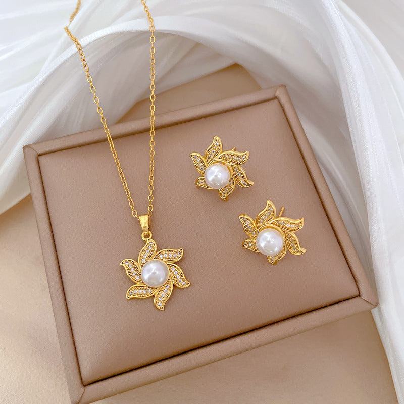 Luxury Fresh and Sweet Plated Brass Zircon Micro-Pave Earrings and Necklace Set