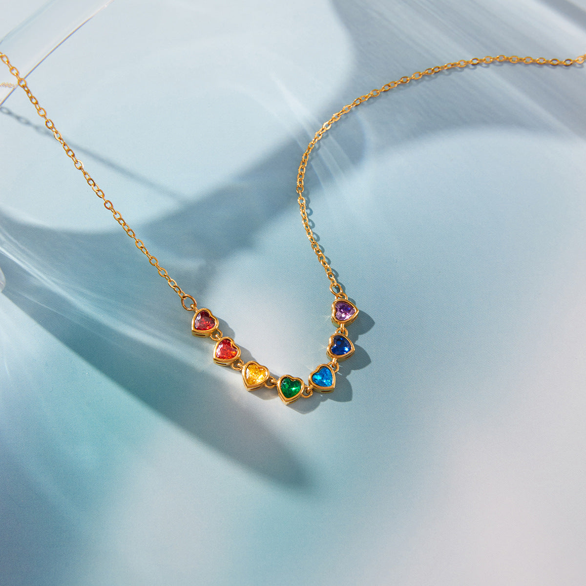 Minimalist 18K Gold Plated Geometric Heart Stainless Steel Necklace with Colorful Cubic Zirconia for Women