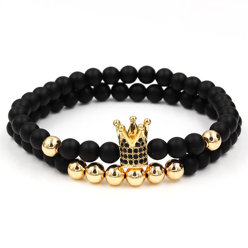 Geometric Crown Bracelet with Matte Black Stone and Cubic Zirconia, Alloy Plated Jewelry for Men and Women