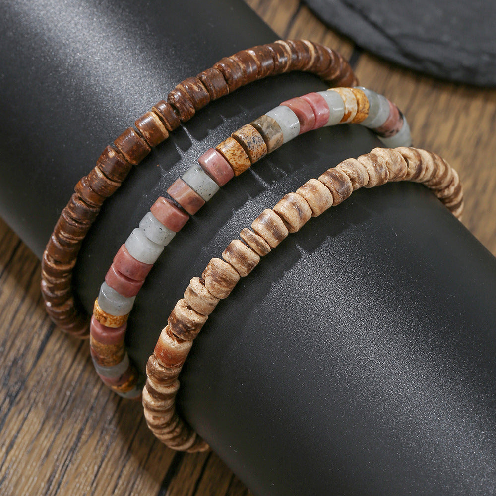 Hip-hop Geometric Wood and Natural Stone Beaded Bracelet for Men and Women