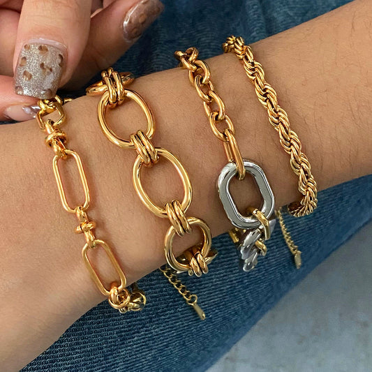 Pulsera Cubana de Acero Inoxidable con Baño Geométrico para Mujer, de Estilo Minimalista Moderno y Diseño de Líneas Limpias