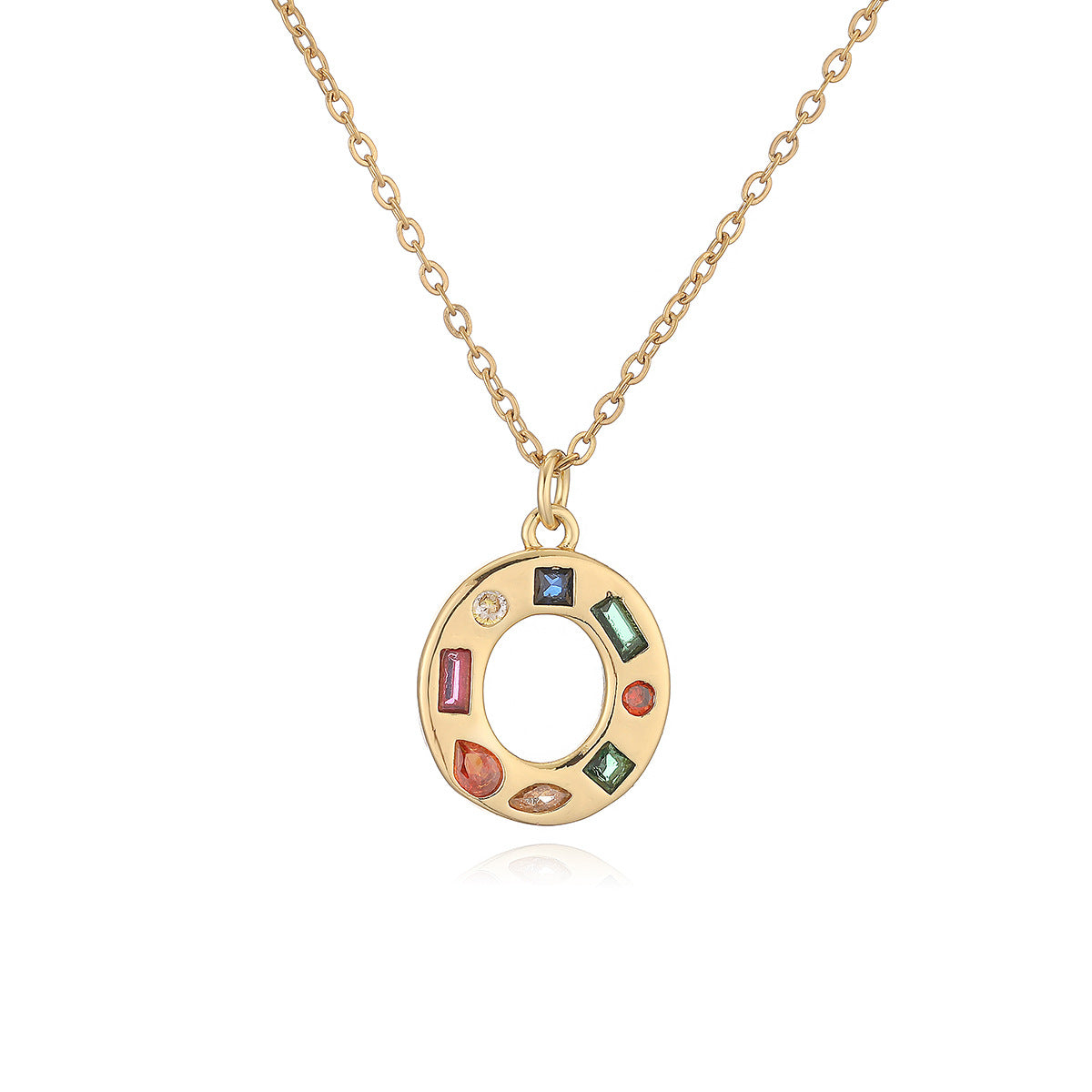 Minimalist Letter Shape Copper Pendant Necklace with 18K Gold Plating and Colored Zircon Inlay for Women