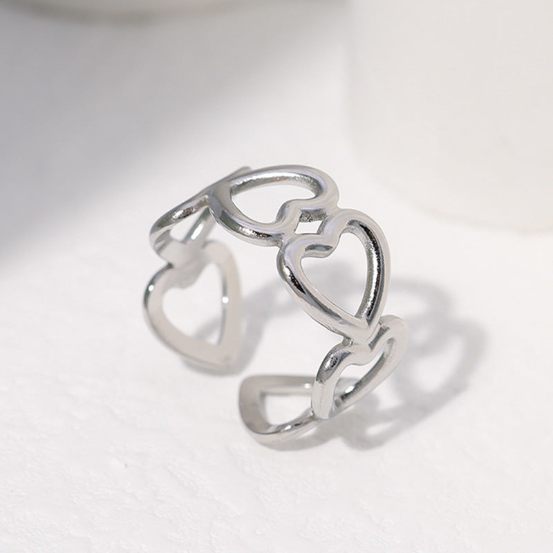 Minimalist Titanium Steel Leaf and Heart Shape Open Ring for Women with Plated Finish