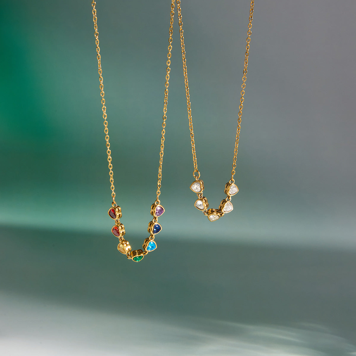 Minimalist 18K Gold Plated Geometric Heart Stainless Steel Necklace with Colorful Cubic Zirconia for Women