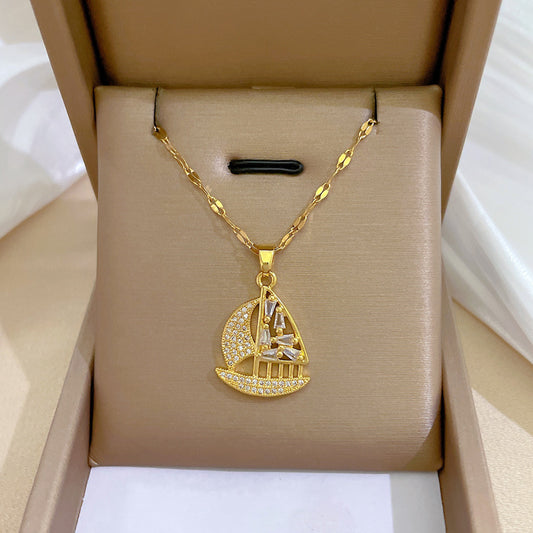 Minimalist Sailboat Pendant Necklace for Women in Titanium Steel with Rhodium Plating, Geometric Design, Delicate Clavicle Chain