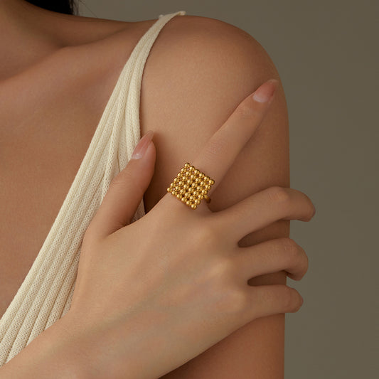 Anillo abierto minimalista geométrico de acero de titanio con chapado al vacío de oro de 18 quilates para mujer