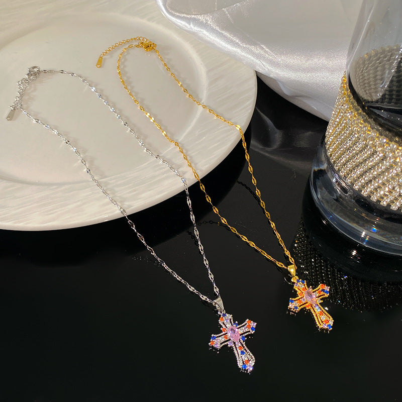 Minimalist Colorful Rhinestone Cross Titanium Steel Necklace for Unisex