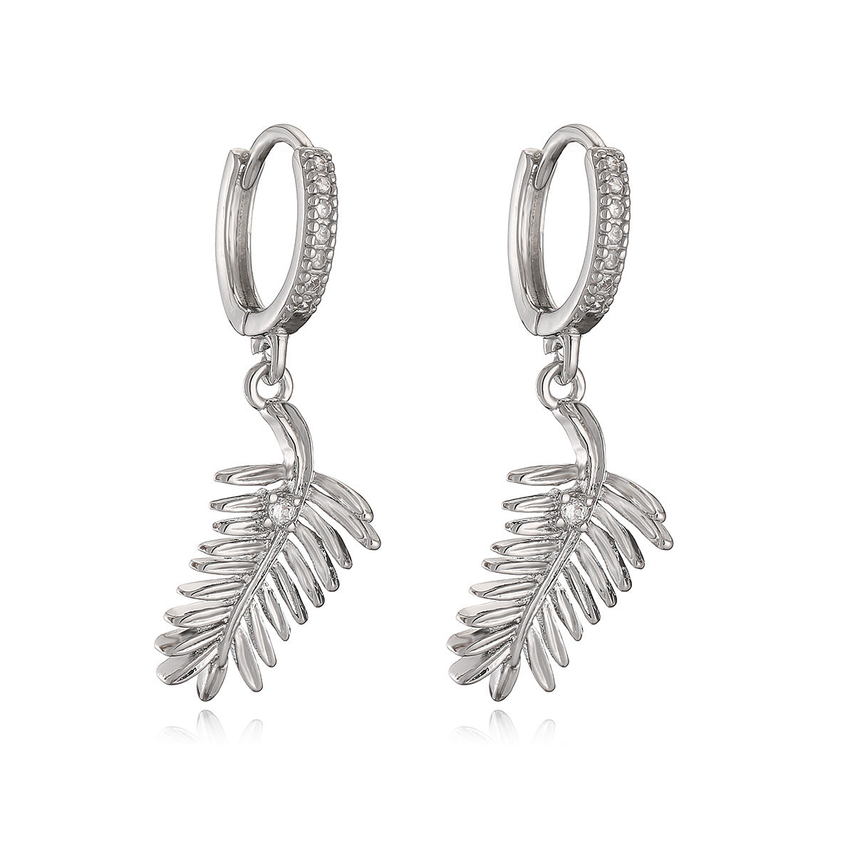 Minimalist Feather-Shaped Copper Pendant Earrings with Real Gold Plating and Zircon Inlay for Women