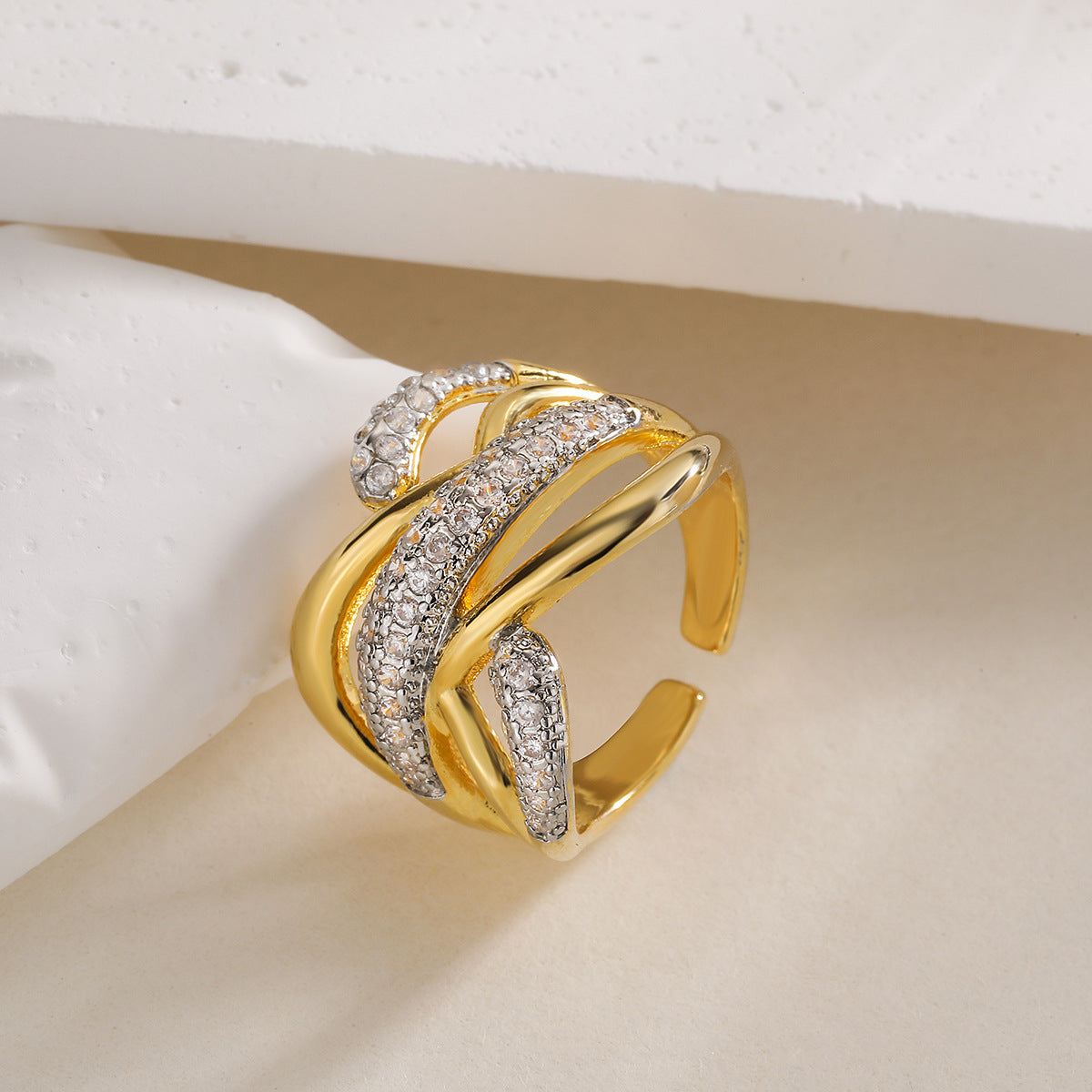 Anello Aperto Geometrico Minimalista alla Moda da Donna in Rame con Zirconi Micro-Incastonati