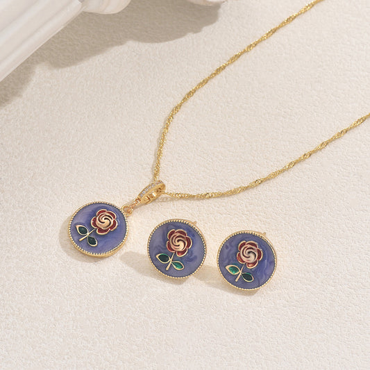Minimalist Rose Floral Enamel Copper Necklace and Earrings Set for Women with Long Pendant Chain